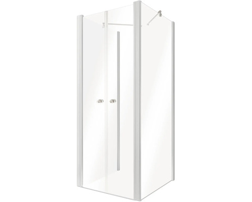 Cabine de douche d''angle avec deux portes et robinetterie de douche