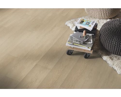 Heller Holzboden mit Zeitschriftenstapel und Sitzkissen