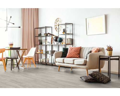 Salon avec canapé, bibliothèque et table à manger sur un plancher en bois