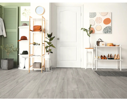 Couloir avec sol stratifié clair, étagère à chaussures et système d'étagères