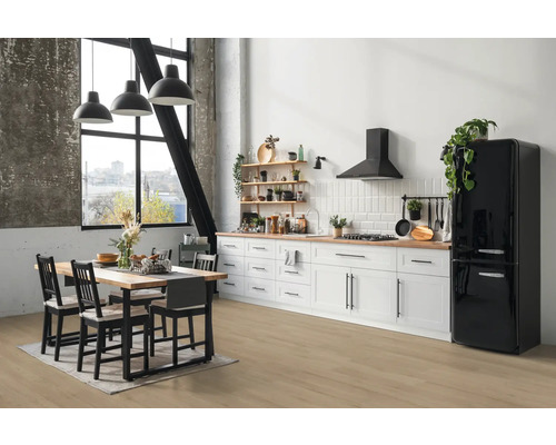 Cuisine lumineuse avec table et chaises, kitchenette, étagères et réfrigérateur.