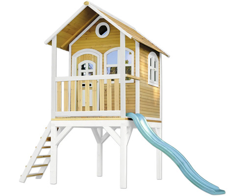 Spielhaus Spielturm axi Laura 191 x 318 cm Holz braun, weiß bestehend aus Grundturm, Rutsche weiß grün Spielhaus aus Holz mit Rutsche und Leiter