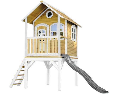 Spielhaus Spielturm axi Laura 191 x 318 cm Holz braun, weiß, grün bestehend aus Grundturm, Rutsche grau Holzspielhaus mit Rutsche und Leiter für den Garten