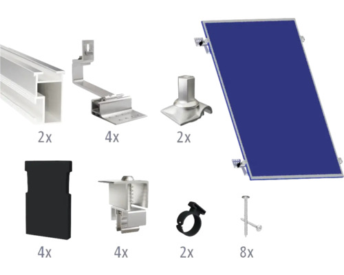 Montageset für 1 PV-Modul auf Schrägdach/Ziegeldach inkl. 2x Montageschiene 1200 mm