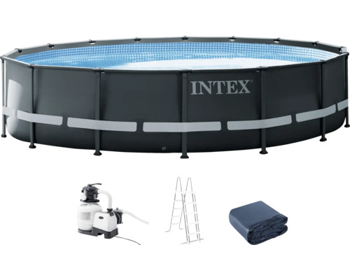 Aufstellpool Framepool-Set Intex Ultra rund Ø 488 x 122 cm inkl. Sandfilteranlage, Leiter, Abdeckplane, Untergrundfolie & Anschlussschlauch grau