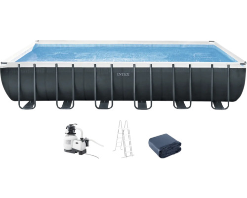 Kit piscine hors sol tubulaire Intex Ultra Quadra XTR rectangulaire 732x366x132 cm avec groupe de filtration à sable, échelle, bâche de recouvrement, tapis de sol et flexible de raccordement gris
