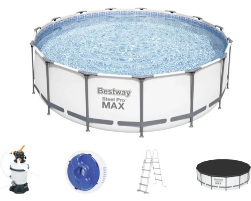 Ensemble de piscine tubulaire hors sol Bestway Steel Pro MAX™ ronde Ø 457x122 cm avec groupe de filtration à sable, échelle et bâche de recouvrement gris clair