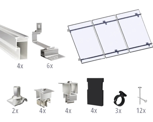 Montageset für 3 PV-Module (3x1) auf Schrägdach/Ziegeldach inkl. 2x Montageschiene 3650 mm