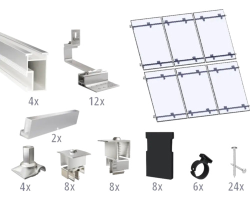 Kit de montage pour 6 modules photovoltaïques (3x2) toiture inclinée/toiture en tuile y compris 4x rails de montage de 3650 mm