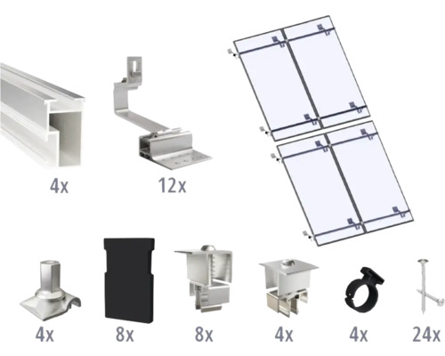 Montageset für 4 PV-Module (2x2) auf Schrägdach/Ziegeldach inkl. 4x Montageschiene 2400 mm