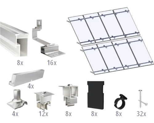 Montageset für 8 PV-Module (4x2) auf Schrägdach/Ziegeldach inkl. 8x Montageschiene 2400 mm