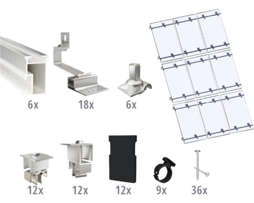 Montageset für 9 PV-Module (3x3) auf Schrägdach/Ziegeldach inkl. 6x Montageschiene 3650 mm