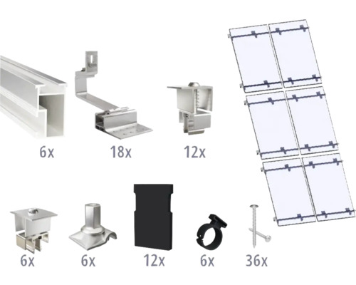 Montageset für 6 PV-Module (2x3) auf Schrägdach/Ziegeldach inkl. 4x Montageschiene 2400 mm