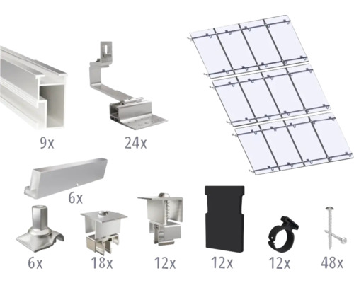 Kit de montage pour 12 modules photovoltaïques (4x3) toiture inclinée/toiture en tuile y compris 9x rails de montage de 3650 mm