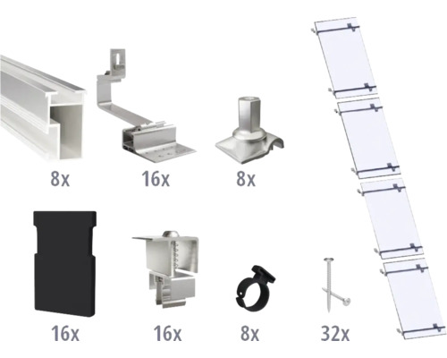 Montageset für 4 PV-Module (1x4) auf Schrägdach/Ziegeldach inkl. 8x Montageschiene 1200 mm