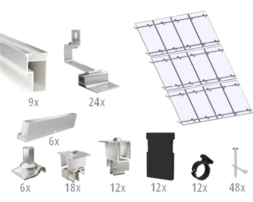 Montageset für 12 PV-Module (3x4) auf Schrägdach/Ziegeldach inkl. 8x Montageschiene 3650 mm