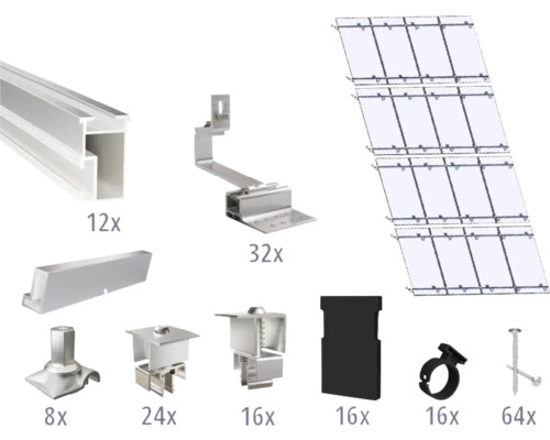 Montageset für 16 PV-Module (4x4) auf Schrägdach/Ziegeldach inkl. 12x Montageschiene 3650 mm