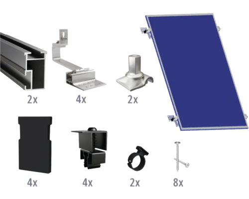 Kit de montage noir pour 1 module photovoltaïque sur toiture inclinée/toiture en tuile y compris 2x rails de montage de 1200 mm