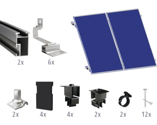 Montageset schwarz für 2 PV-Module (2x1) auf Schrägdach/Ziegeldach inkl. 2x Montageschiene 2400 mm