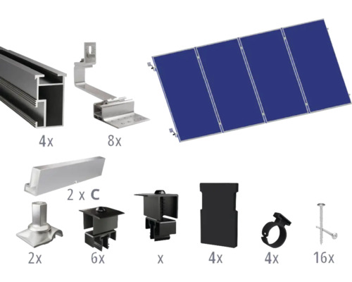 Kit de montage noir pour 4 modules photovoltaïques (4x1) sur toiture inclinée/toiture en tuile y compris 4x rails de montage de 2400 mm