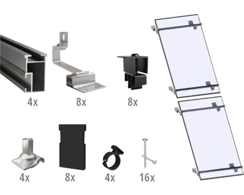 Montageset schwarz für 2 PV-Module (1x2) auf Schrägdach/Ziegeldach inkl. 4x Montageschiene 1200 mm