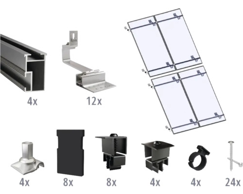 Montageset schwarz für 4 PV-Module (2x2) auf Schrägdach/Ziegeldach inkl. 4x Montageschiene 2400 mm