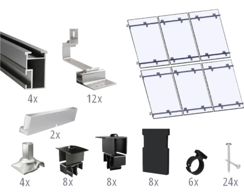 Montageset schwarz für 6 PV-Module (3x2) auf Schrägdach/Ziegeldach inkl. 4x Montageschiene 3650 mm