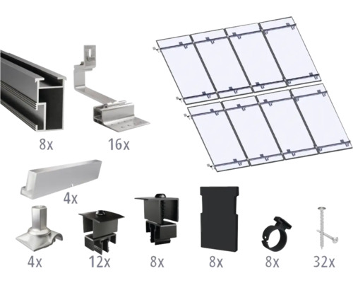 Kit de montage noir pour 8 modules photovoltaïques (4x2) sur toiture inclinée/toiture en tuile y compris 8x rails de montage de 2400 mm