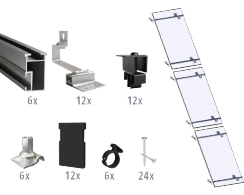 Kit de montage noir pour 3 modules photovoltaïques (1x3) sur toiture inclinée/toiture en tuile y compris 6x rails de montage de 1200 mm