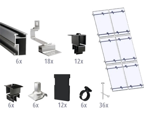 Kit de montage noir pour 6 modules photovoltaïques (2x3) sur toiture inclinée/toiture en tuile y compris 6x rails de montage de 2400 mm