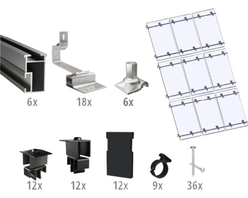 Montageset schwarz für 9 PV-Module (3x3) auf Schrägdach/Ziegeldach inkl. 6x Montageschiene 3650 mm