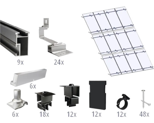 Montageset schwarz für 12 PV-Module (4x3) auf Schrägdach/Ziegeldach inkl. 9x Montageschiene 3650 mm