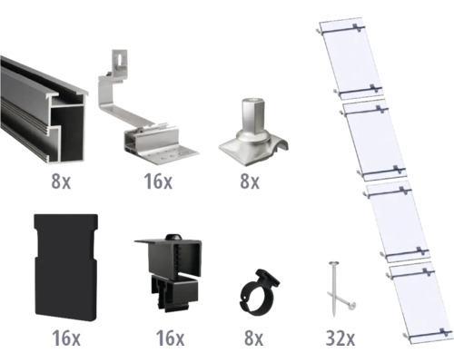 Kit de montage noir pour 4 modules photovoltaïques (1x4) sur toiture inclinée/toiture en tuile y compris 8x rails de montage de 1200 mm