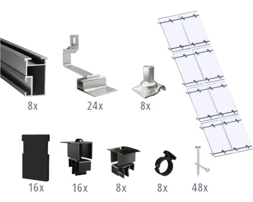 Kit de montage noir pour 8 modules photovoltaïques (2x4) sur toiture inclinée/toiture en tuile y compris 8x rails de montage de 2400 mm