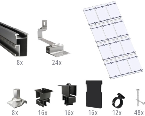 Kit de montage noir pour 12 modules photovoltaïques (3x4) sur toiture inclinée/toiture en tuile y compris 8x rails de montage de 3650 mm