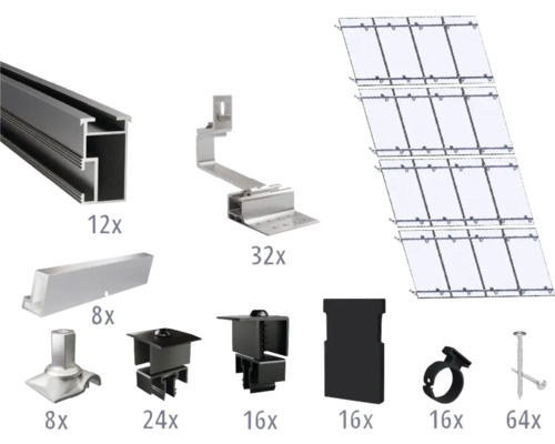 Montageset schwarz für 16 PV-Module (4x4) auf Schrägdach/Ziegeldach inkl. 12x Montageschiene 3650 mm