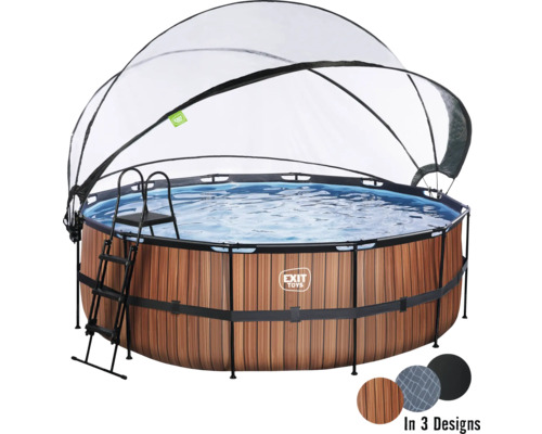 Ensemble de piscine tubulaire hors sol EXIT WoodPool ronde Ø 450x122 cm avec groupe de filtration à sable, bâche et échelle aspect bois