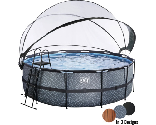 Ensemble de piscine tubulaire hors sol EXIT StonePool ronde Ø 450x122 cm avec groupe de filtration à sable, bâche et échelle aspect pierre