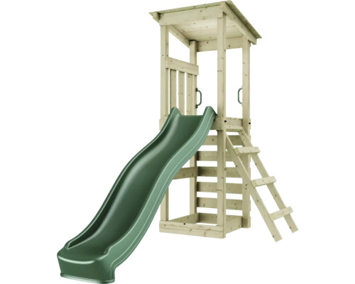 Tour de jeu avec toboggan et échelle en bois