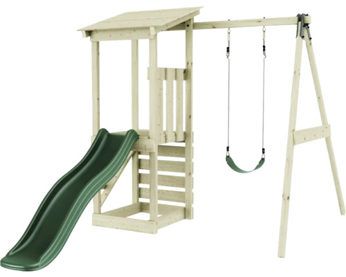 Aire de jeux en bois avec toboggan et balançoire
