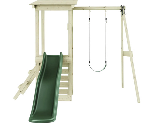Spielturm mit Rutsche und Schaukel aus Holz
