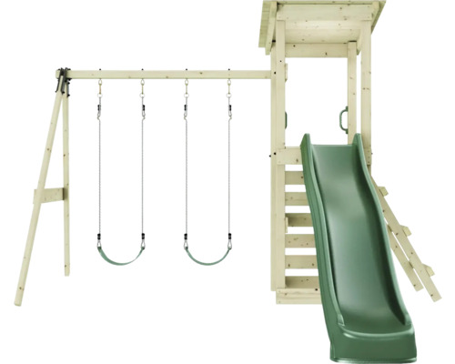 Aire de jeux avec balançoires, toboggan et tour d''escalade en bois