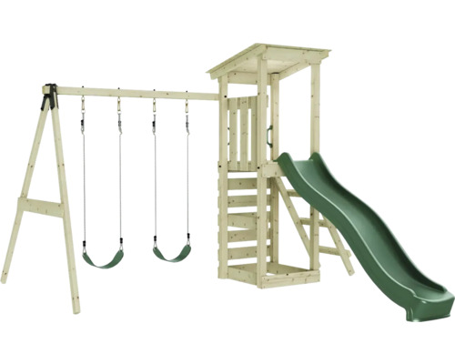 Aire de jeux avec balançoire et toboggan en bois