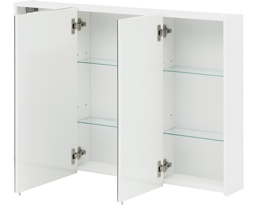 Armoire de toilette ouverte blanche avec trois portes et étagères en verre pour la salle de bain