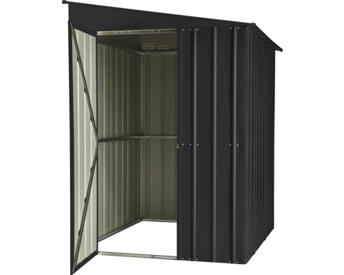Geöffneter Geräteschuppen aus Metall zur Aufbewahrung von Gartengeräten