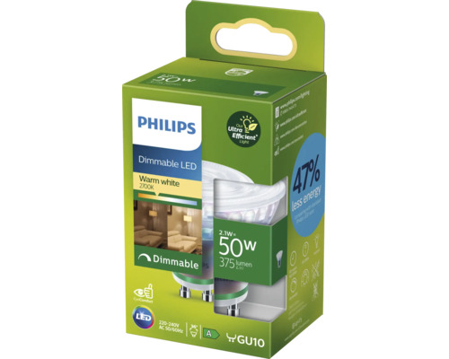 Ampoule LED Philips, dimmable, blanc chaud, 50 watts dans son emballage