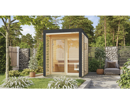 Saunahaus Karibu Sares 1 inkl. 9 KW Ofen und externer Steuerung mit Fenster und Ganzglastür aus Klarglas Holz Fichte Metallumrahmung anthrazit Freistehende Gartensauna mit Glastür und Holzverkleidung im Außenbereich