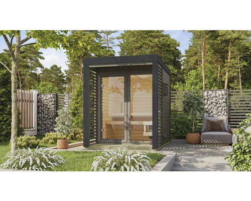 Sauna de jardin avec porte en verre et bancs en bois à l'extérieur