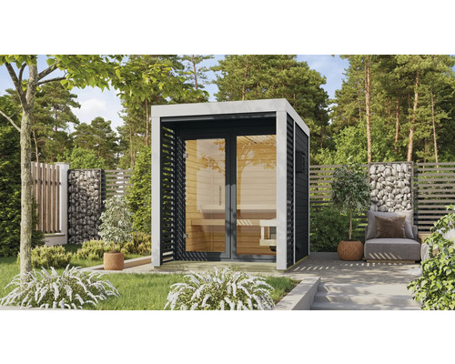 Saunahaus Karibu Sares 1 inkl. 9 KW Ofen u.ext.Steuerung mit Fenster und Ganzglastür aus Klarglas anthrazit/weiß Saunahaus Karibu Sares 1 inkl. 9 KW Ofen u.ext.Steuerung mit Fenster und Ganzglastür aus Klarglas anthrazit/weiß