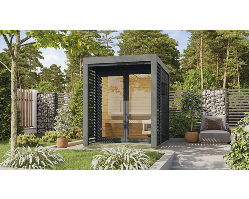 Saunahaus Karibu Sares 1 inkl. 9 KW Ofen u.ext.Steuerung mit Fenster und Ganzglastür aus Klarglas anthrazit/staubgrau Saunahaus Karibu Sares 1 inkl. 9 KW Ofen u.ext.Steuerung mit Fenster und Ganzglastür aus Klarglas anthrazit/staubgrau